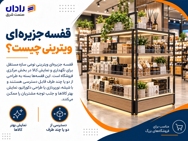 خرید قفسه ویترینی جزیره‌ای از رادان صنعت شرق